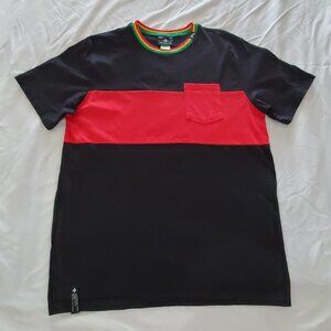 LRG Lifted Research Group T-Shirt Large Black Red Stripe Front Pocket Retro Y2K